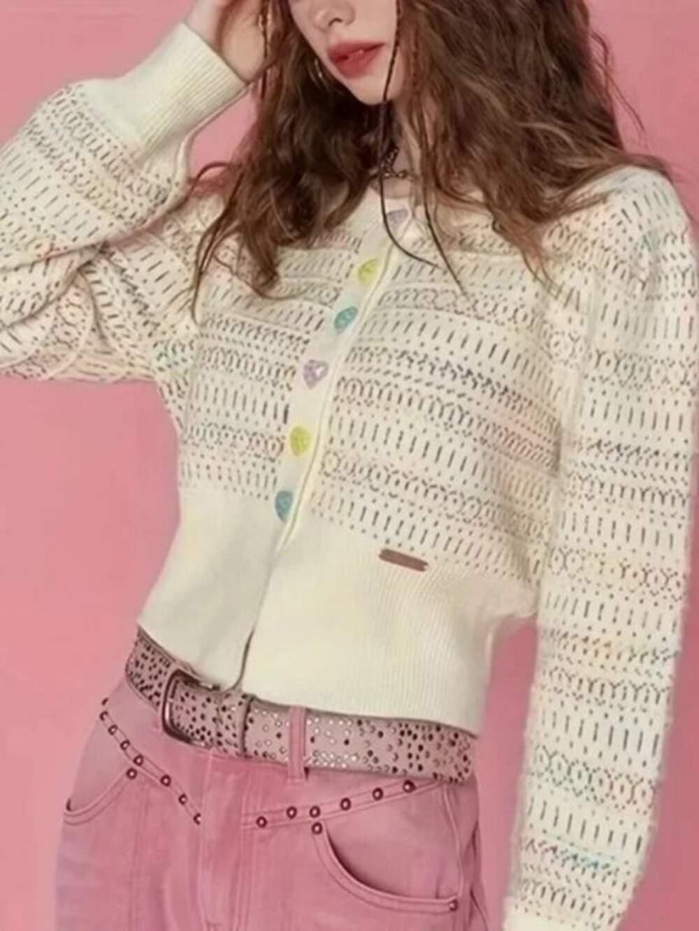 Cream Beige Love Heart Colorful Button Cardigan Sweater - Picture 5 of 5